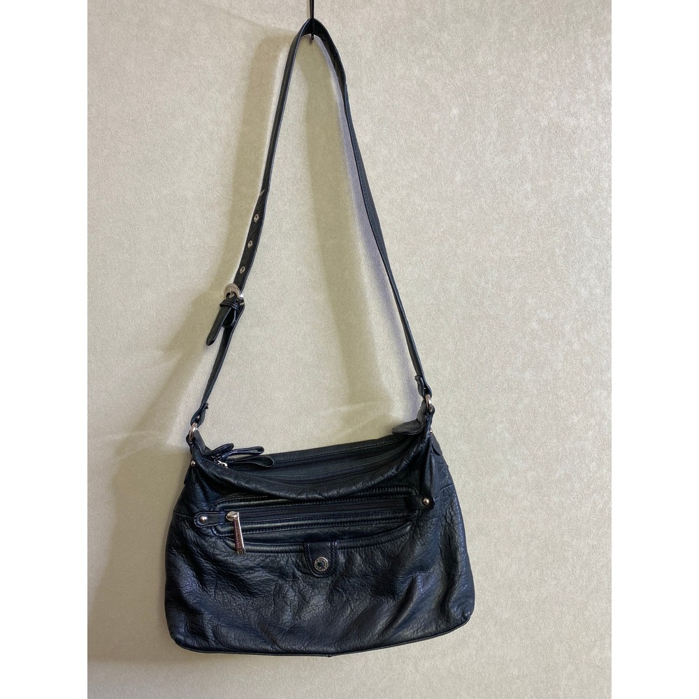 Stone Mountain Black Pebbled Leather Crossbody Bag Adjustable Strap Multi Pocket